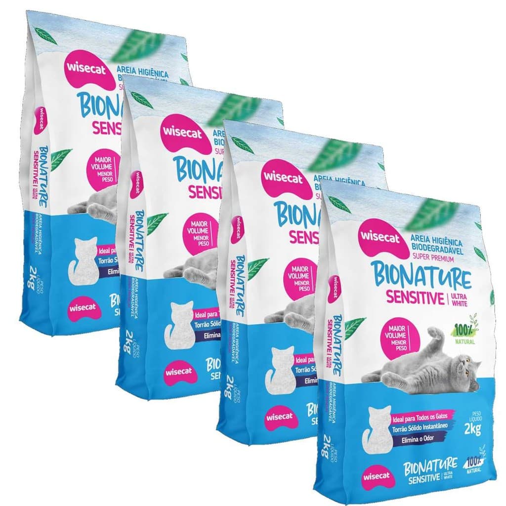 Kit 4 Areia Sanitária Para Gatos Wisecat Bionature Sensitive 2kg