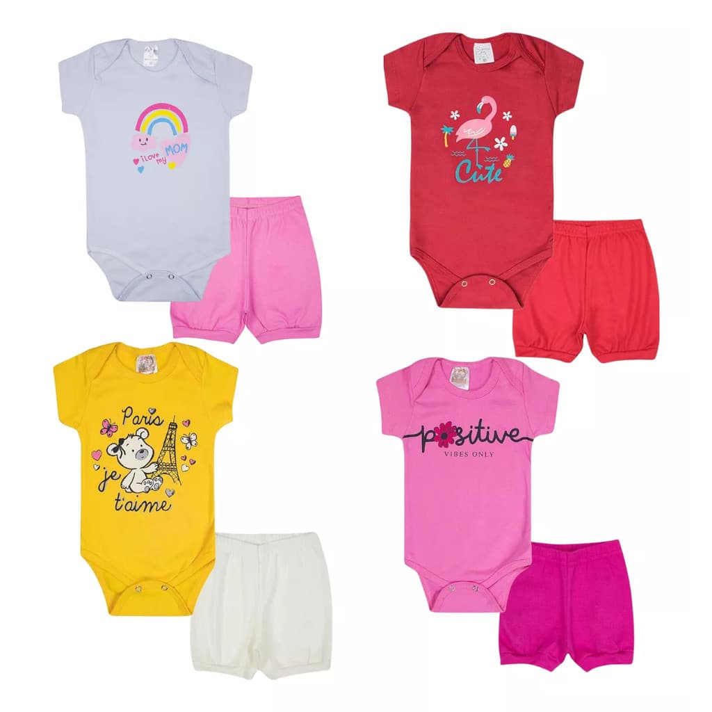 Enxoval Bebê Menina Verão – Kit 8pçs Body Curto Estampado Algodão