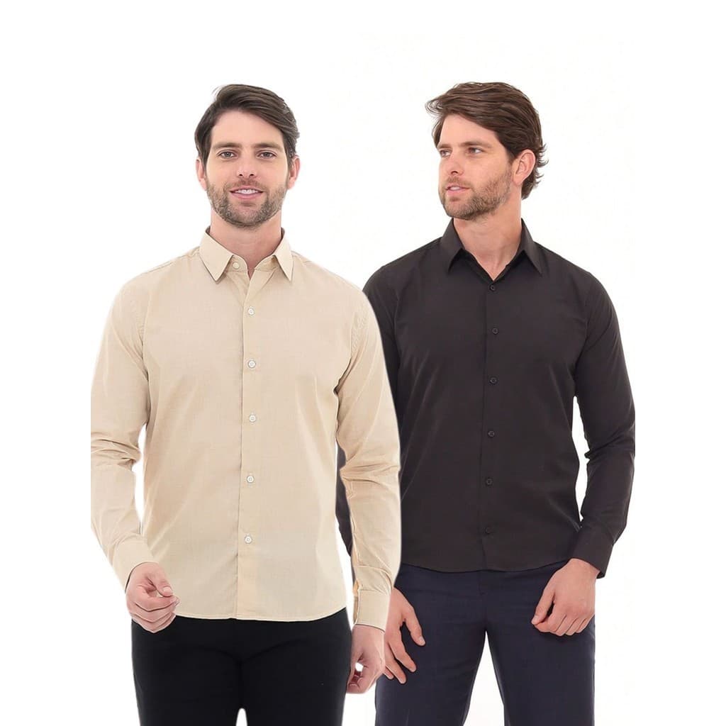 KIT Masculino 2 Peças - Camisa Social Premium Tipo Linho Bege e  Camisa Social Slim Preta