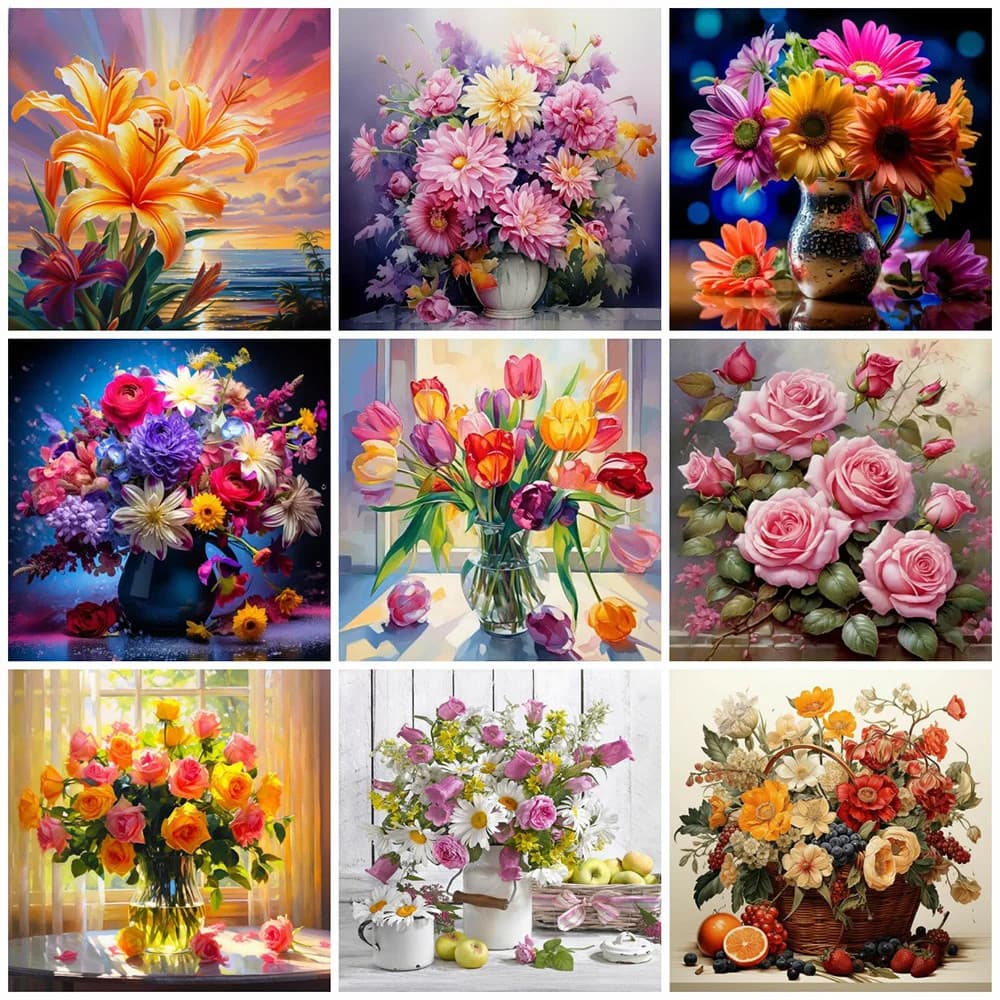 Pintura Diamante Completa Flor Nova Coleção Diy Bordado Rosa 5D Mosaico Vaso Ponto Cruz Kit Arte Decoração Para Casa