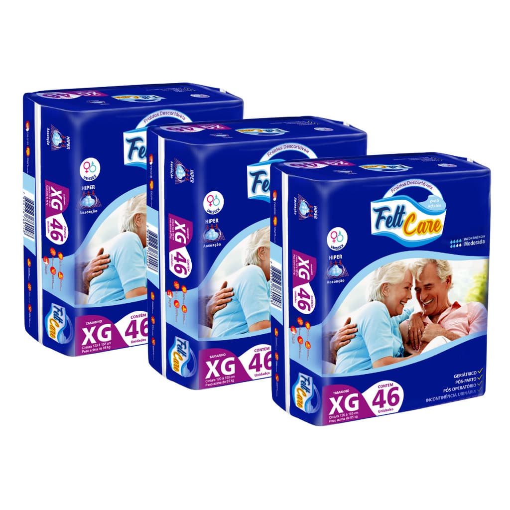 Kit 3 Pacotes Fralda Descartável Geriátrica Adulto Felt Care XG Direto da Fábrica Revenda Barato