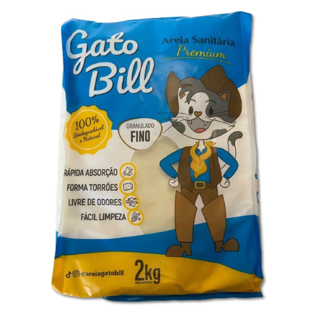 AREIA SANITÁRIA GATOBILL PARA GATO BIODEGRADÁVEL CONTROLE DE ODOR ALTA ABSORÇÃO FORMA TORRÕES FIRMES FINA 2KG