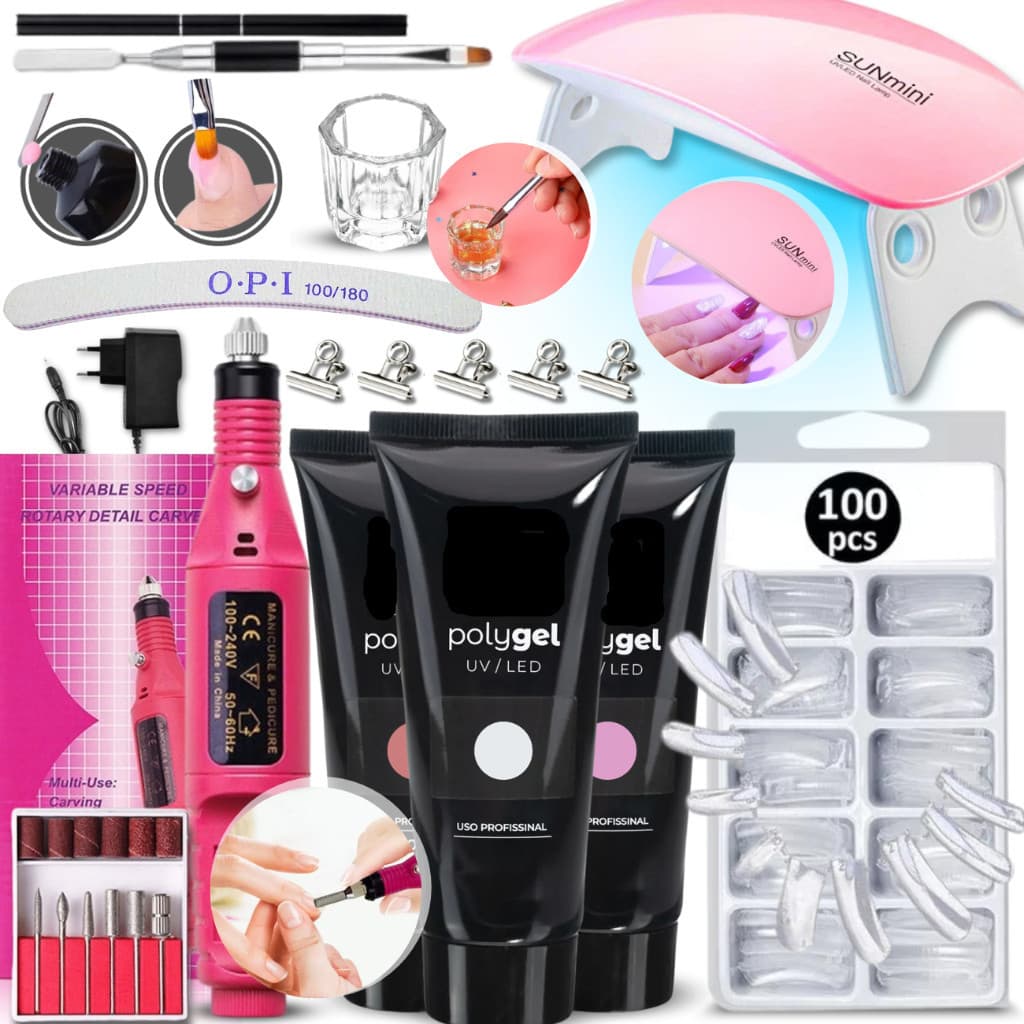 Kit Polygel Alongamento Unhas Completo - Mini Cabine - Lixa Elétrica