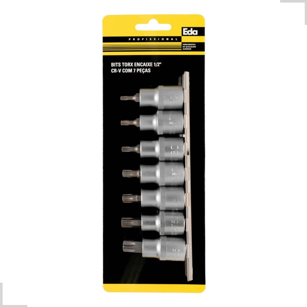 Jogo De Soquetes Bits Torx T20 A T55 Encaixe 1/2 Com 7 Pçs Aço cromo vanádio Kit Torque Curto Cromado Chave Catraca