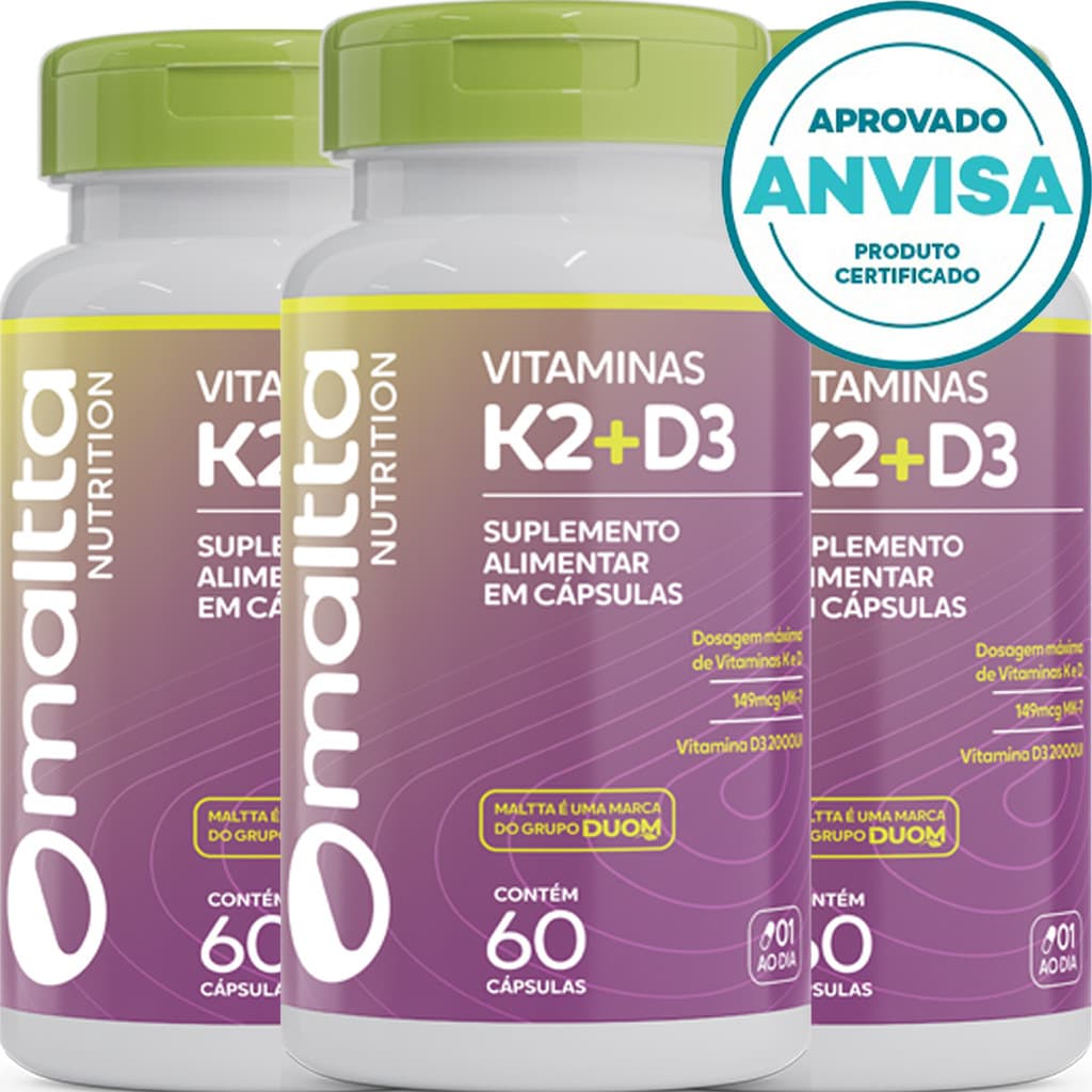 KIT 3x Vitamina K2 Mk7 + Vitamina D3 - 60 Cápsulas 450mg - Maltta Nutrition