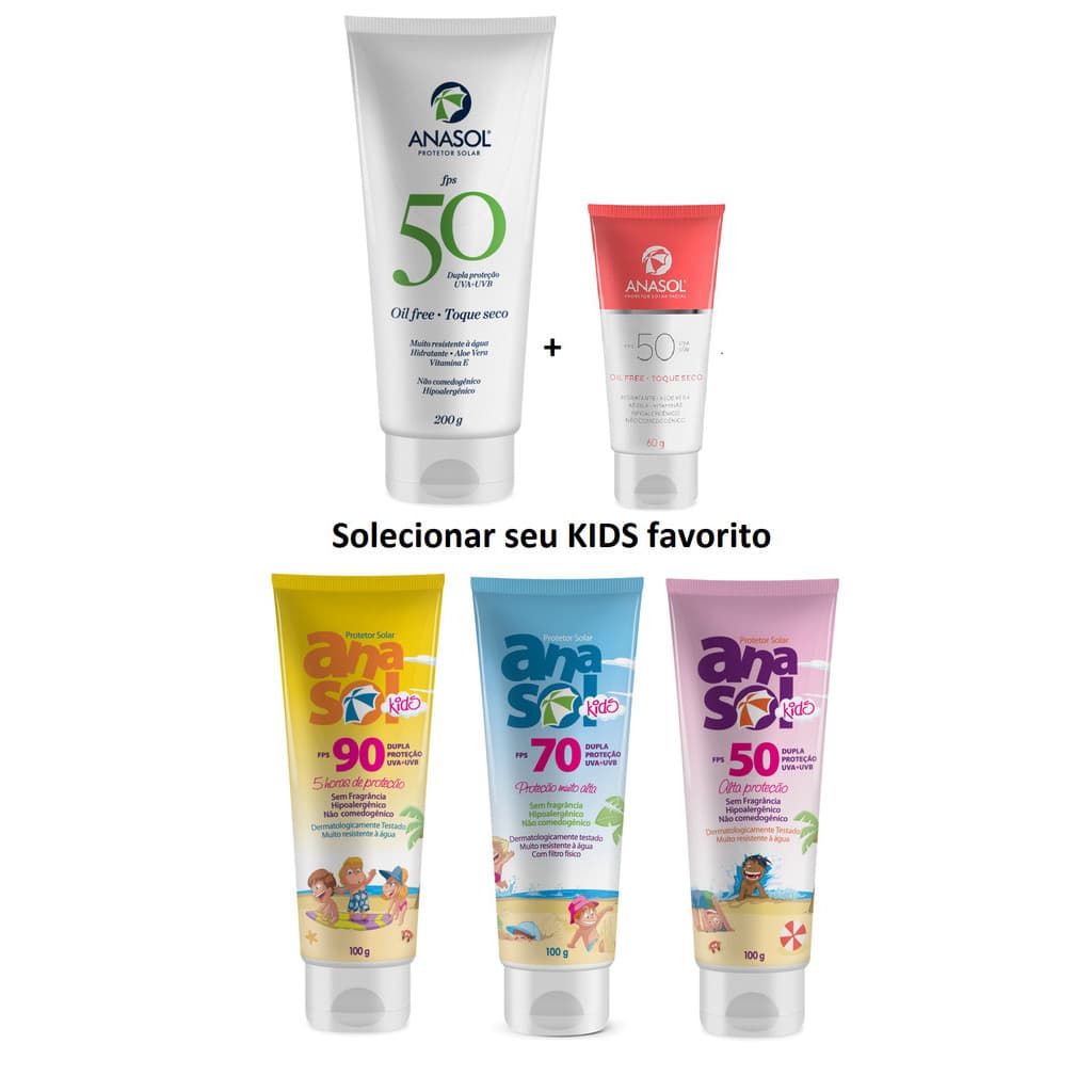 Anasol Kit Família 1 Protetor Corporal 200gr + 1 Protetor Facial 60gr +1 Protetor Kids 100gr