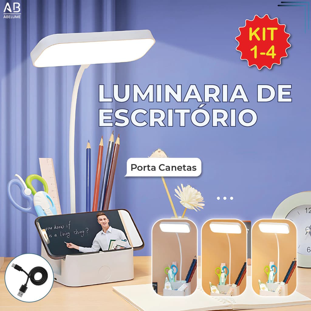 Luminária de Mesa Abajur Led Escritório Portátil Porta Canetas Recarregável USB 3 Tons de Luz