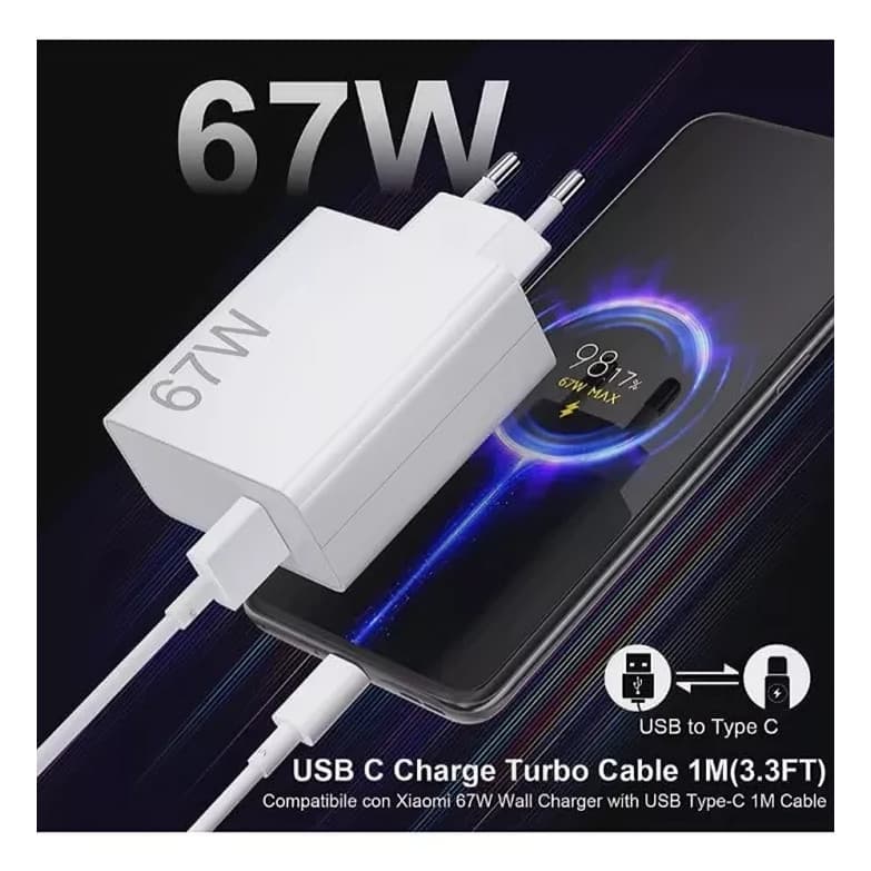 Fonte Carregador 67W Turbo Ultra Rápido USB C para Celular Xiaomi Redmi Carga Super Rápida