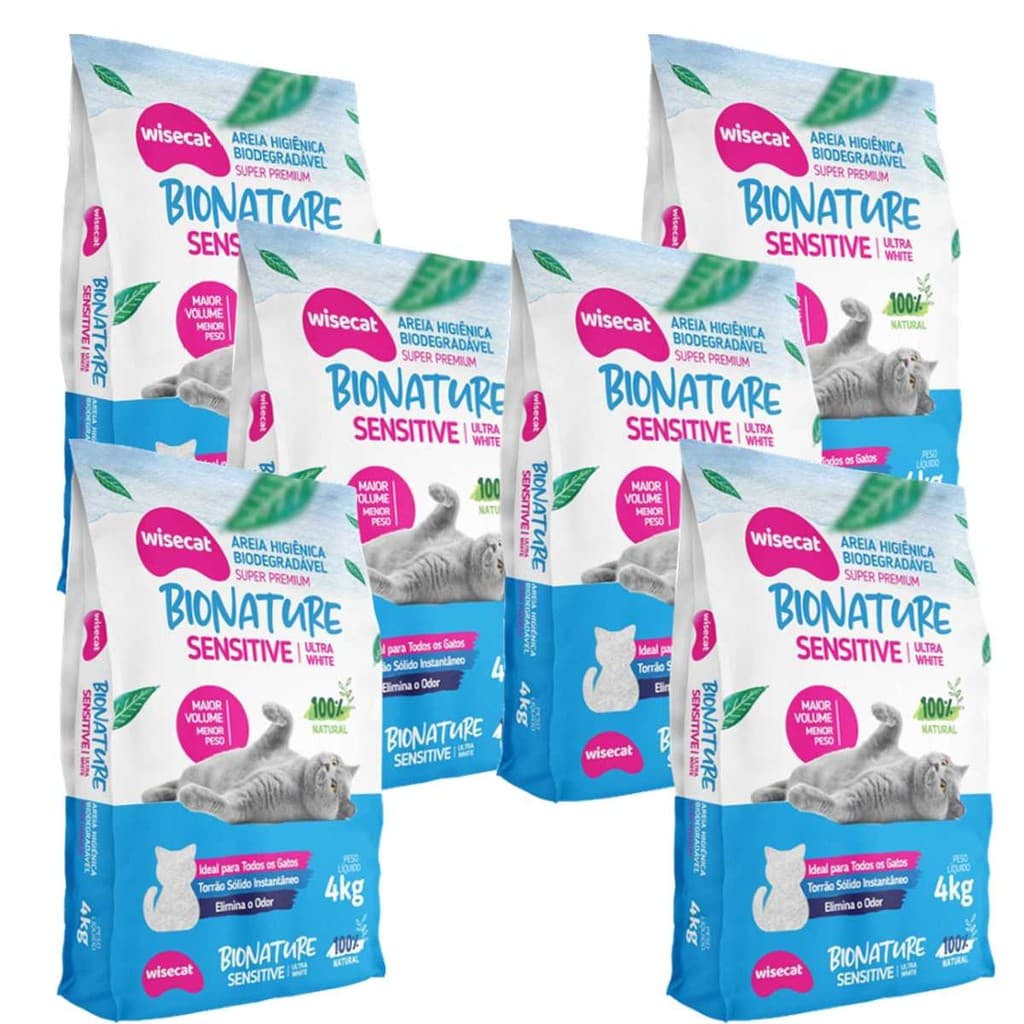Kit 6 Areia Sanitária Para Gatos Wisecat Bionature Sensitive 4kg