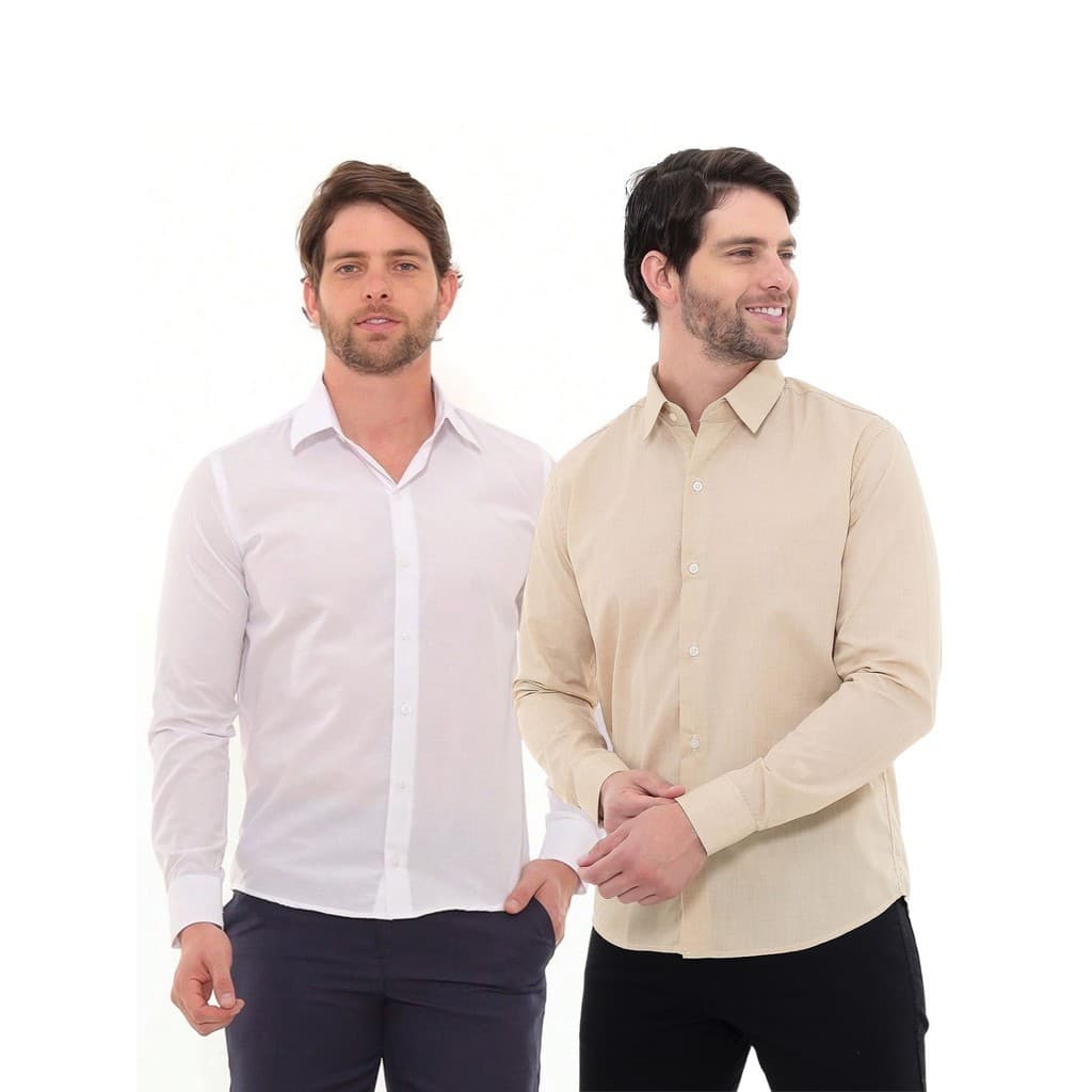 KIT Masculino 2 Peças - Camisa Social Premium Tipo Linho Bege e  Camisa Social Slim Branca