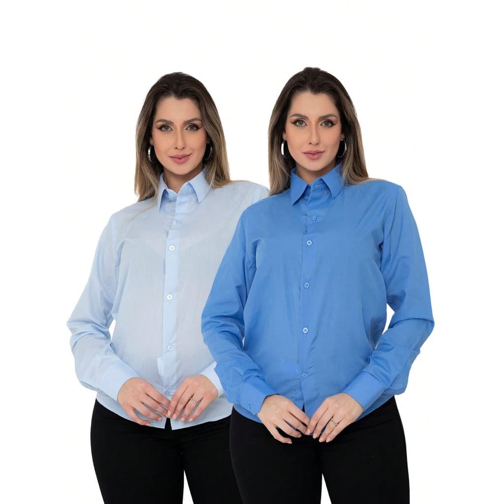 KIT Feminino 2 Peças - Camisa Social Manga Longa Slim Lisa Azul Bebê e Camisa Social Manga Longa Slim Lisa Azul