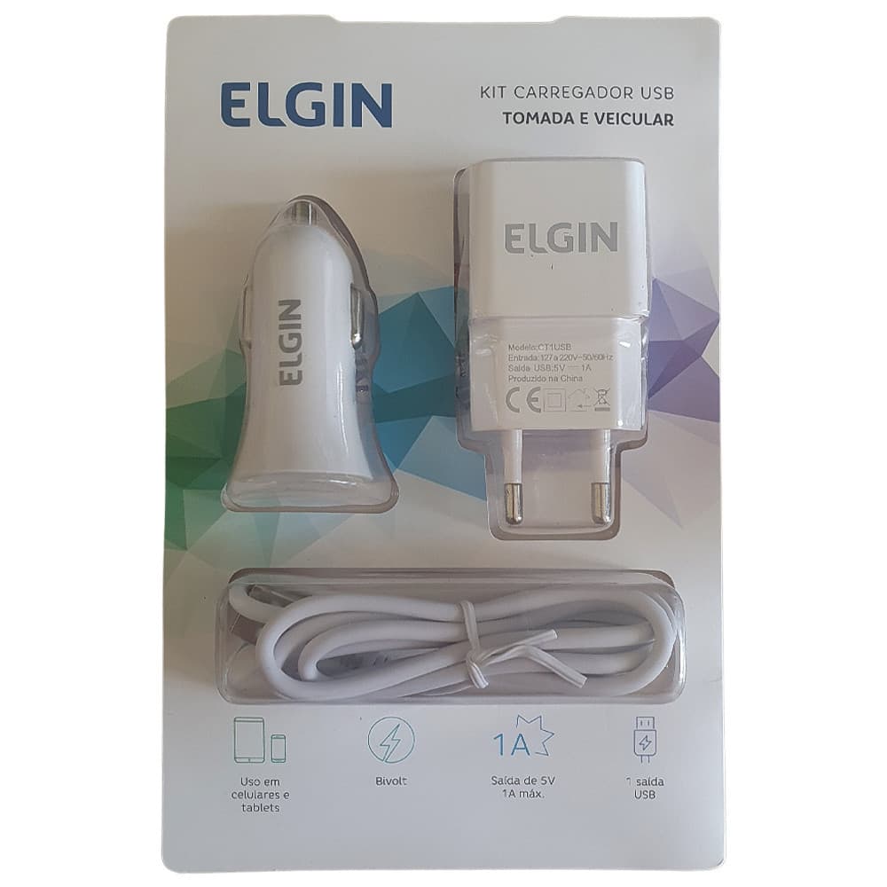 Carregador USB de Tomada + Carregador Veicular 1 Saída 1A 5W + Cabo MicroUSB de 1 Metro Elgin, 46RCK1USB00 Branco Bivolt
