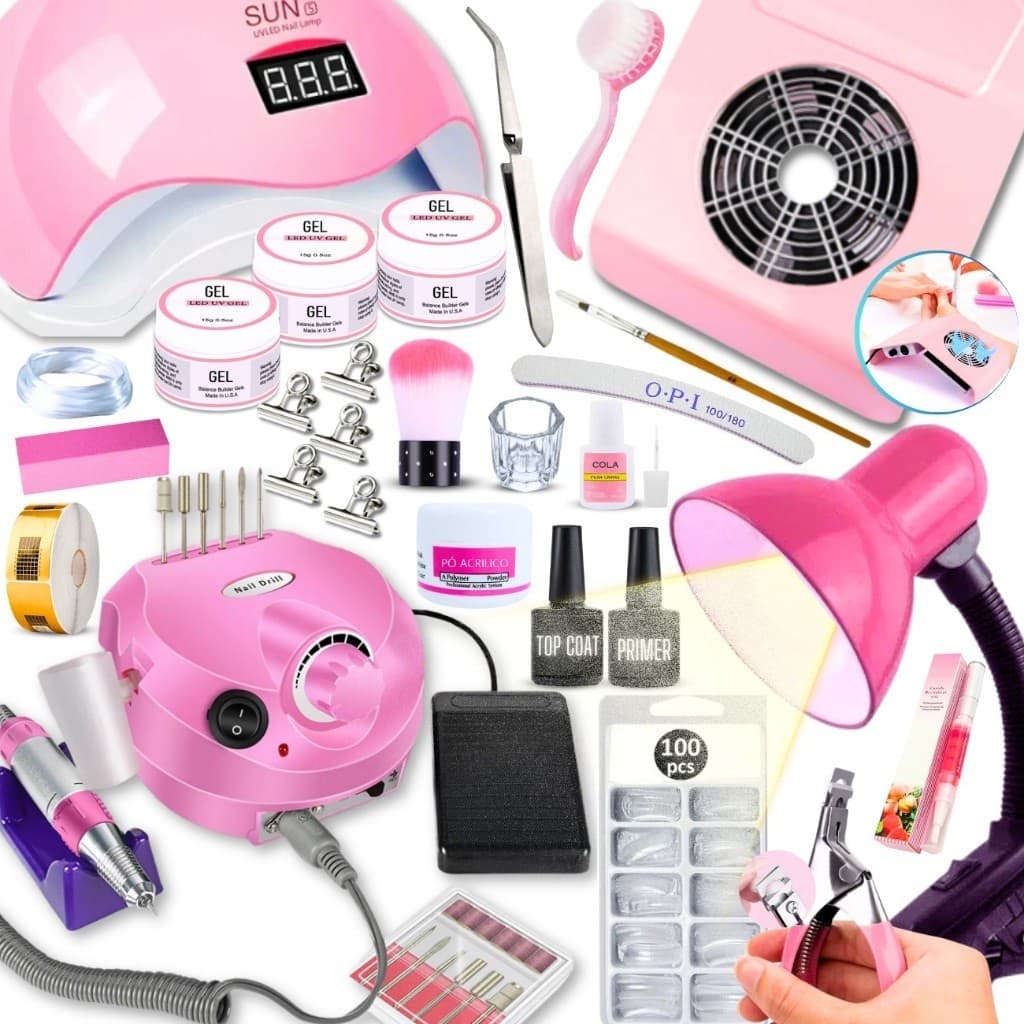 Kit Unhas Gel Alongamento Completo Lixadeira Elétrica Motor Porquinho Cabine Sun5 Luminária Super Profissional