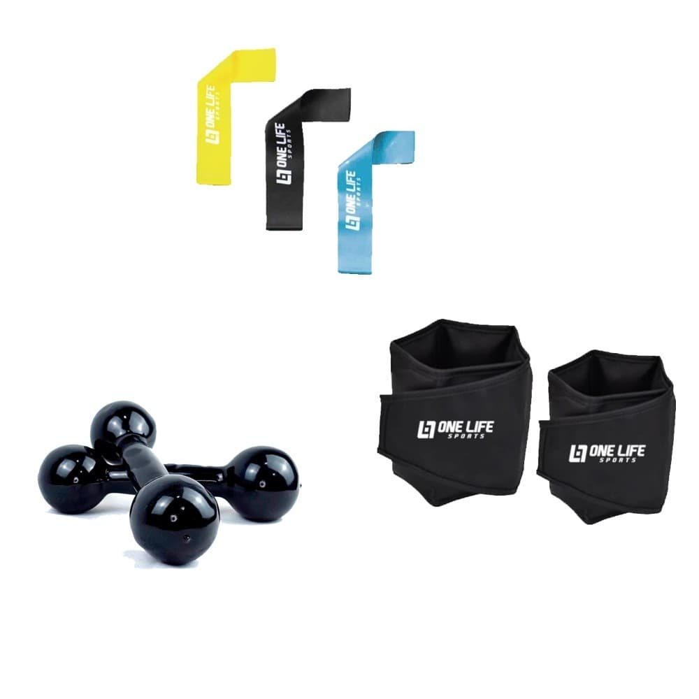 Kit 3 Mini Bands + Halter Emborrachado 3kg + Caneleira 3kg Treino Funcional Academia