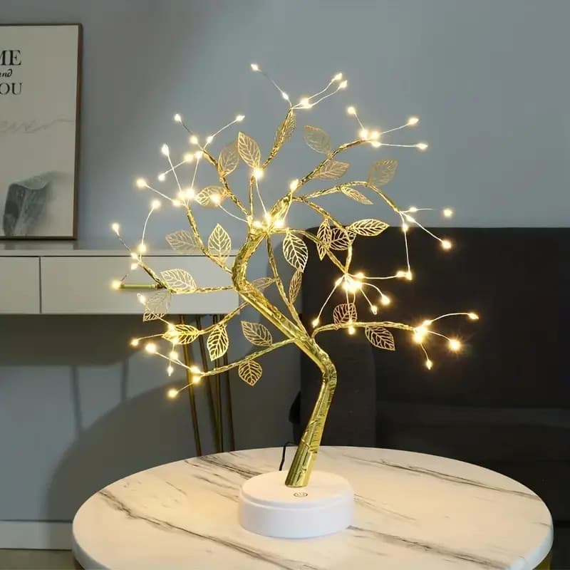 Luminária Árvore de LED Com Folha Dourada 72 Lâmpadas – USB/Pilha, Toque, Decoração Quarto e Festa