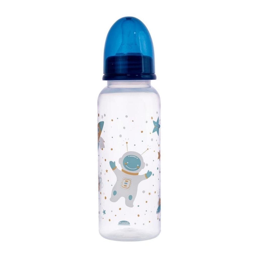 Mamadeira 250ml Astronauta Azul Sistema Anticólica Bico Silicone Anatômico Bebê Criança Plasútil