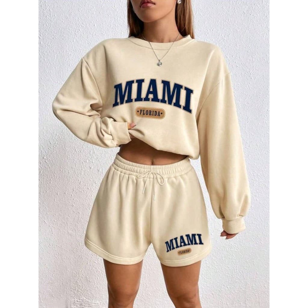 Conjunto Miami moletom blusa manga longa e short curto moletom moda feminina confortavel flanelado coleção 2025