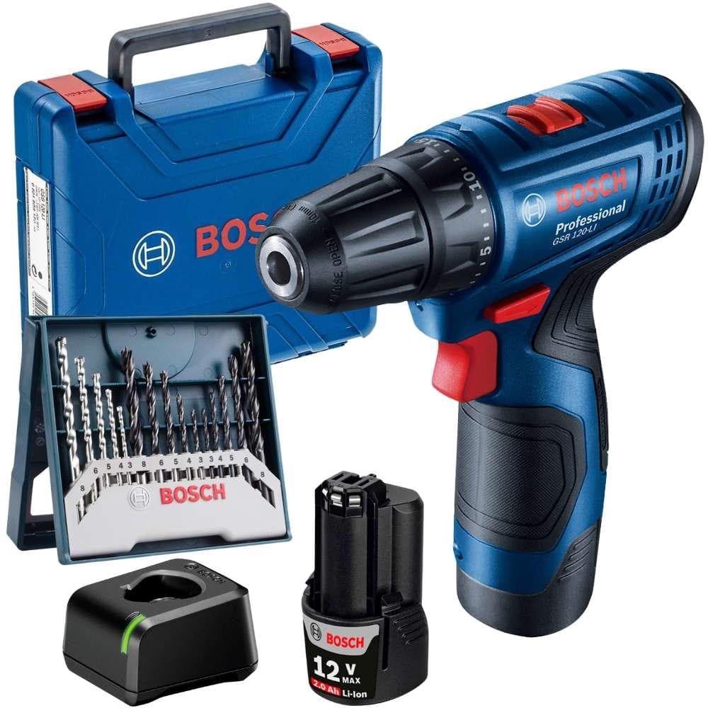 Parafusadeira Furadeira 12V GSR 120-LI com Bateria Carregador Bivolt e Estojo de Brocas 15 Pçs BOSCH