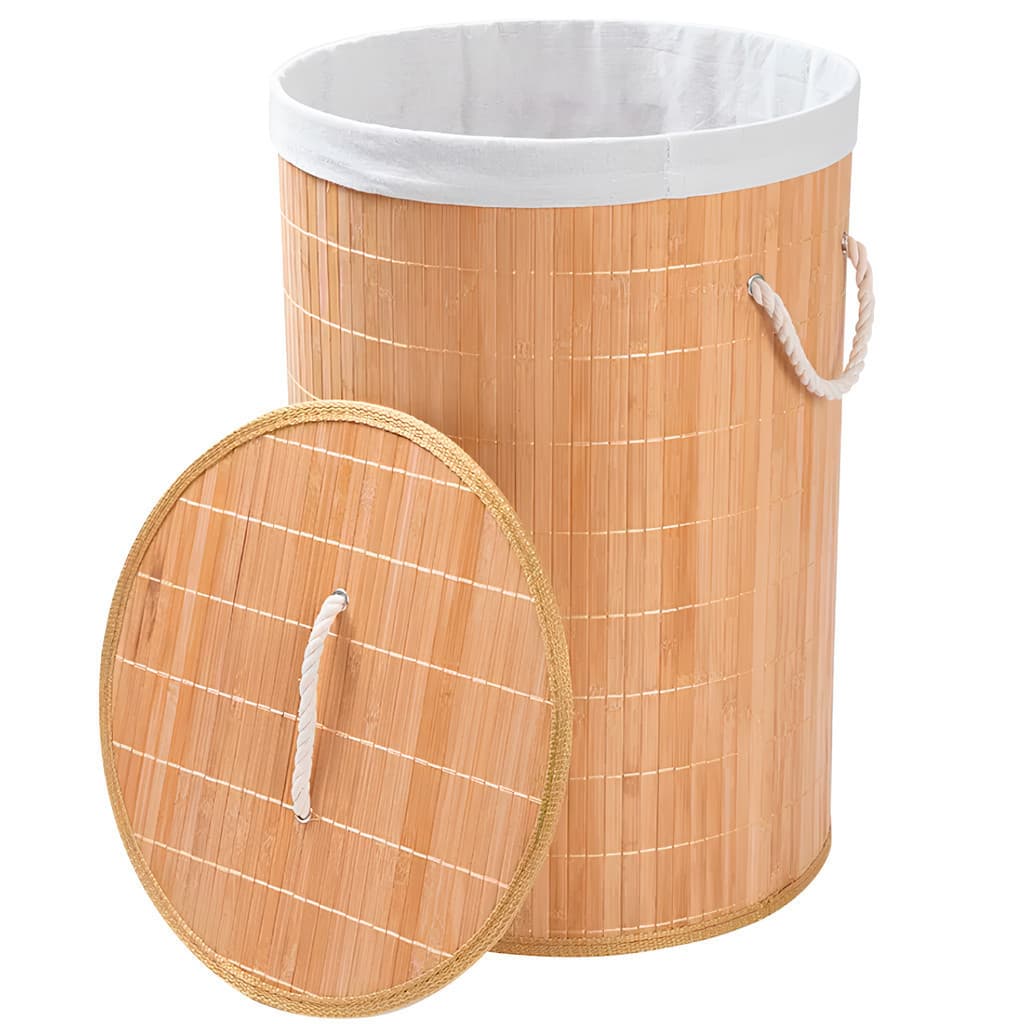 Cesto de Roupa Suja 60 LITROS Lavanderia Bambu c/ Tampa redonda Forrado Quarto Banheiro Dobrável