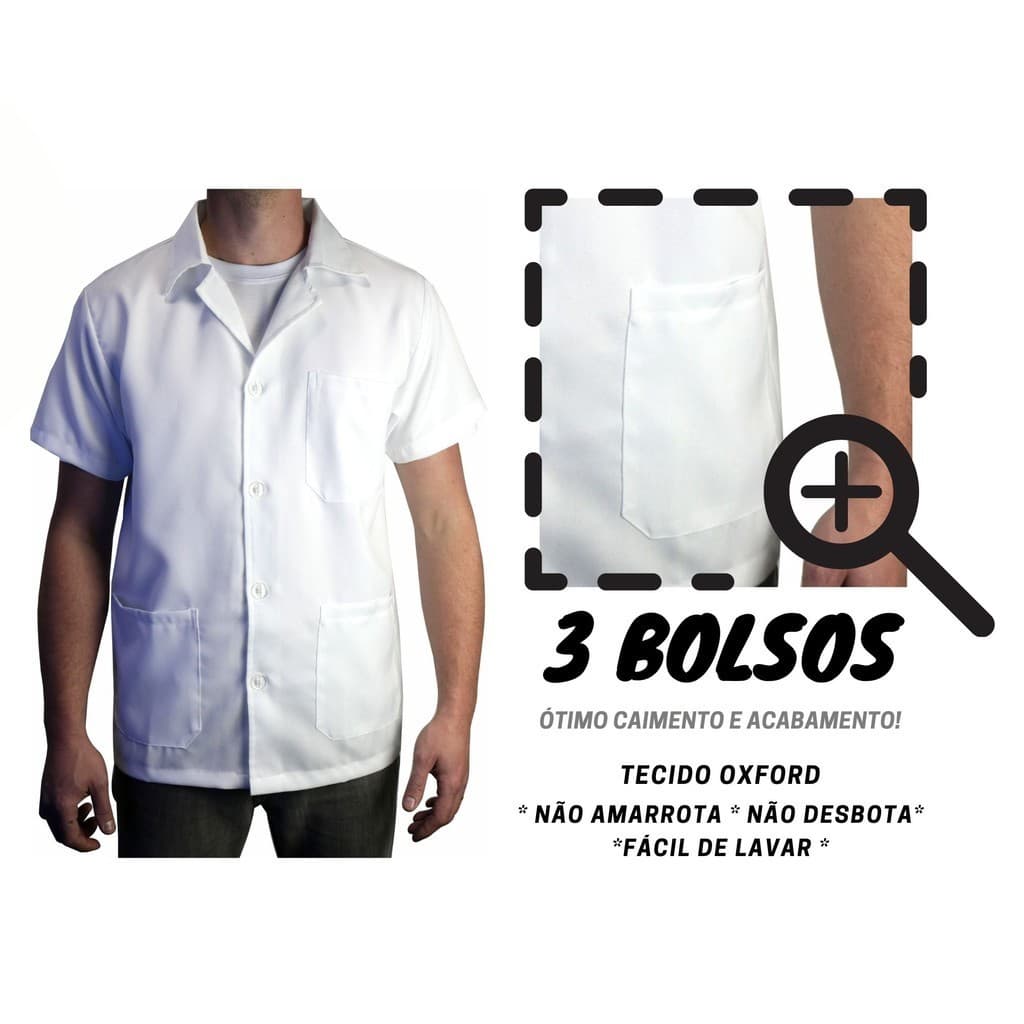 JALECO MC Masculino Manga Curta Oxford Premium blusa casaco bata guarda-pó   preto branco