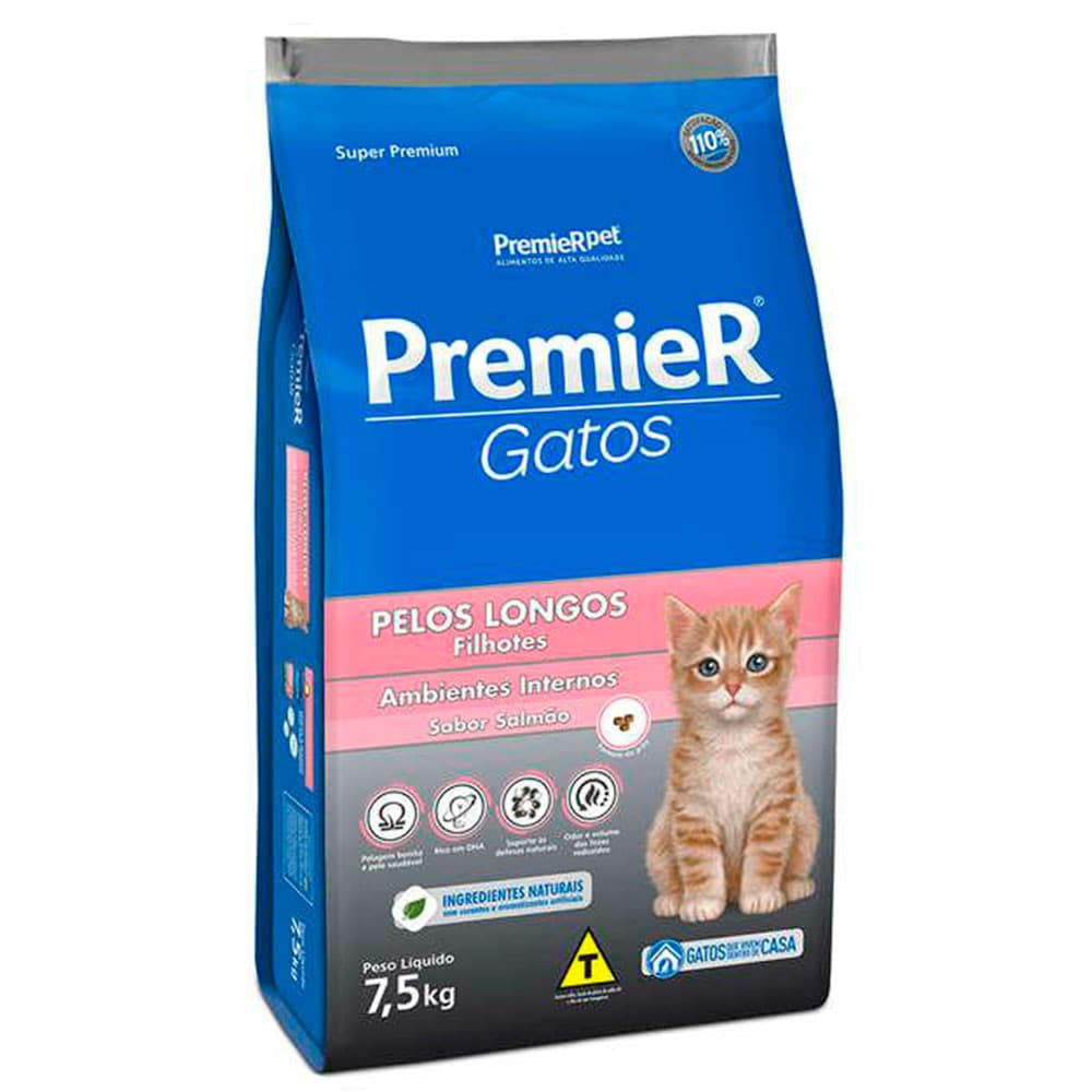 Ração Premier Gatos Filhotes Pelos Longos Ambientes Internos Salmão 7,5kg