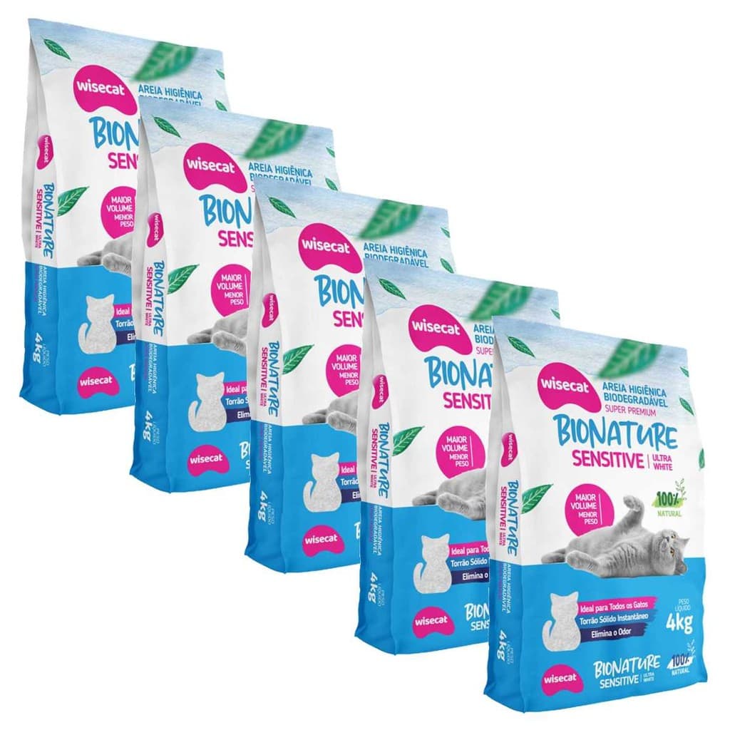 Kit 5 Areia Sanitária Para Gatos Wisecat Bionature Sensitive 4kg