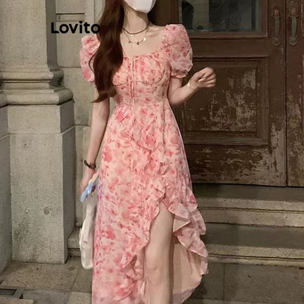 Lovito Férias Vestido Ditsy Floral Ruffle Pescoço Quadrado Vestido Manga Puff Para Mulheres LNE17146 (Multicolorido)