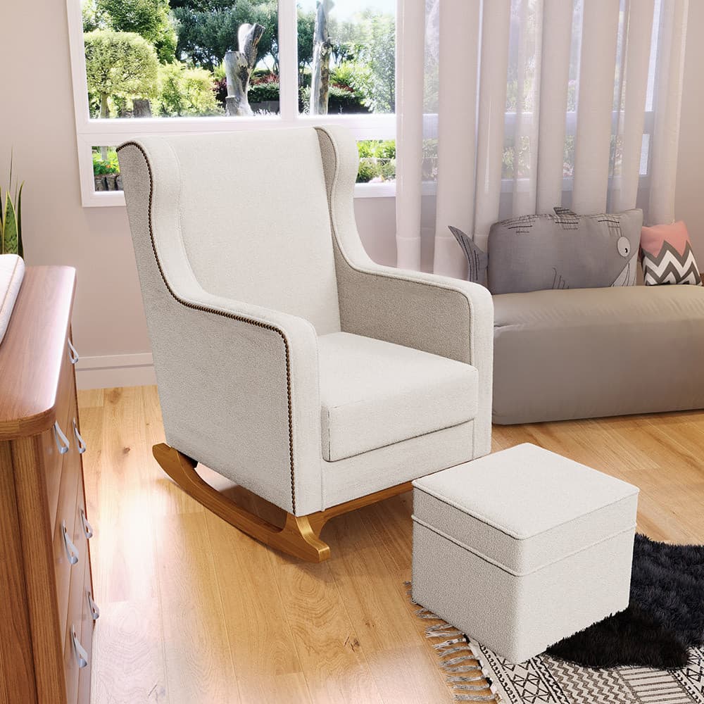 Poltrona de Amamentação com Balanço e Puff Mavie L02 Bouclê Creme - Lyam Decor