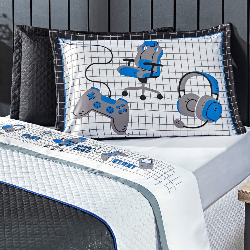 Jogo de Cama Lençol SOLTEIRO 03 Peças Game Streamer Branco/Azul com Fronha Estampada - Toque Macio Percal 200 Fios Decoração Roupa de Cama Kit Conjunto Gamer Nerd Geek Controle Videogame Infantil Juvenil Quarto Menino Masculino