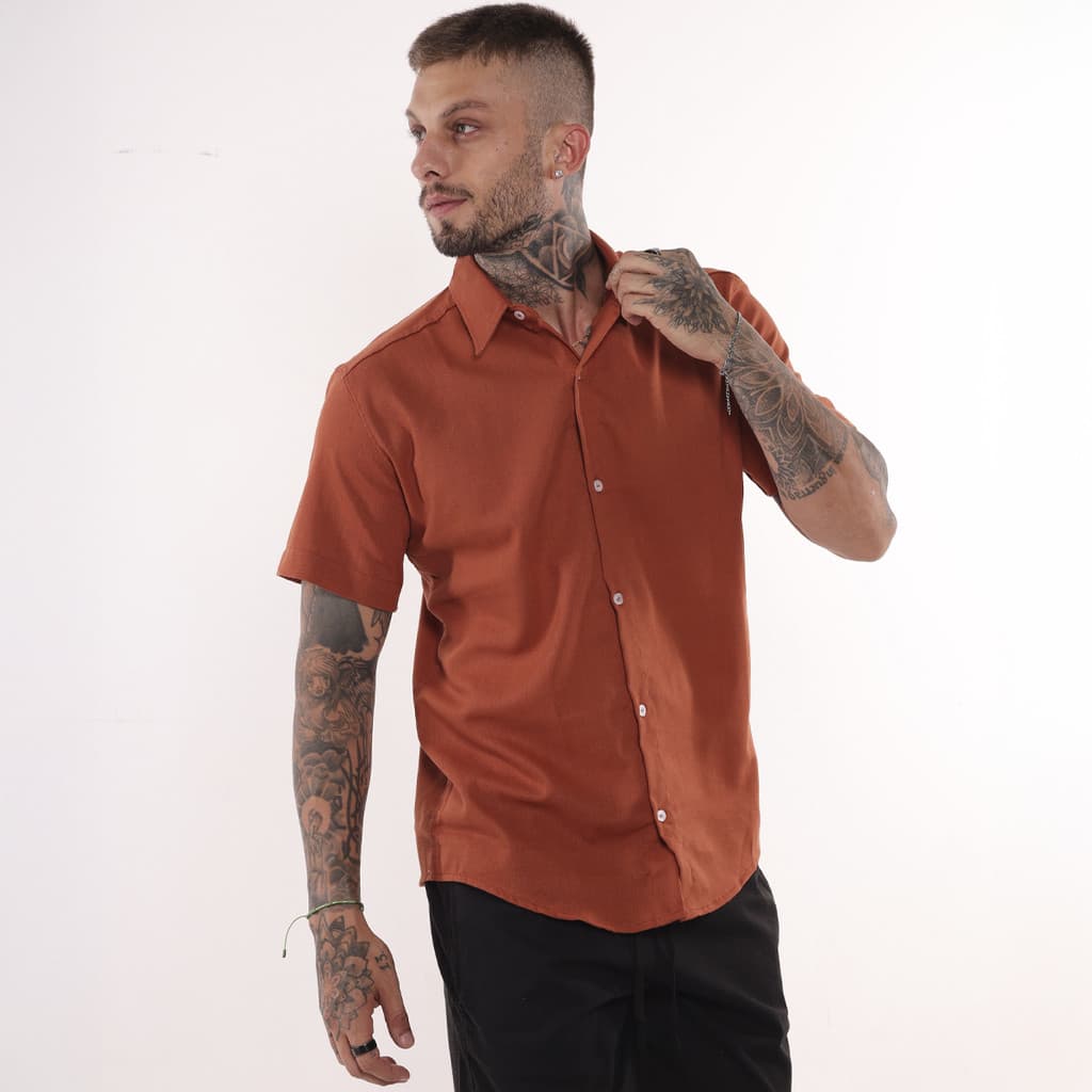 Camisa Linho Masculino Social Slim Manga Curta Lisa Botões