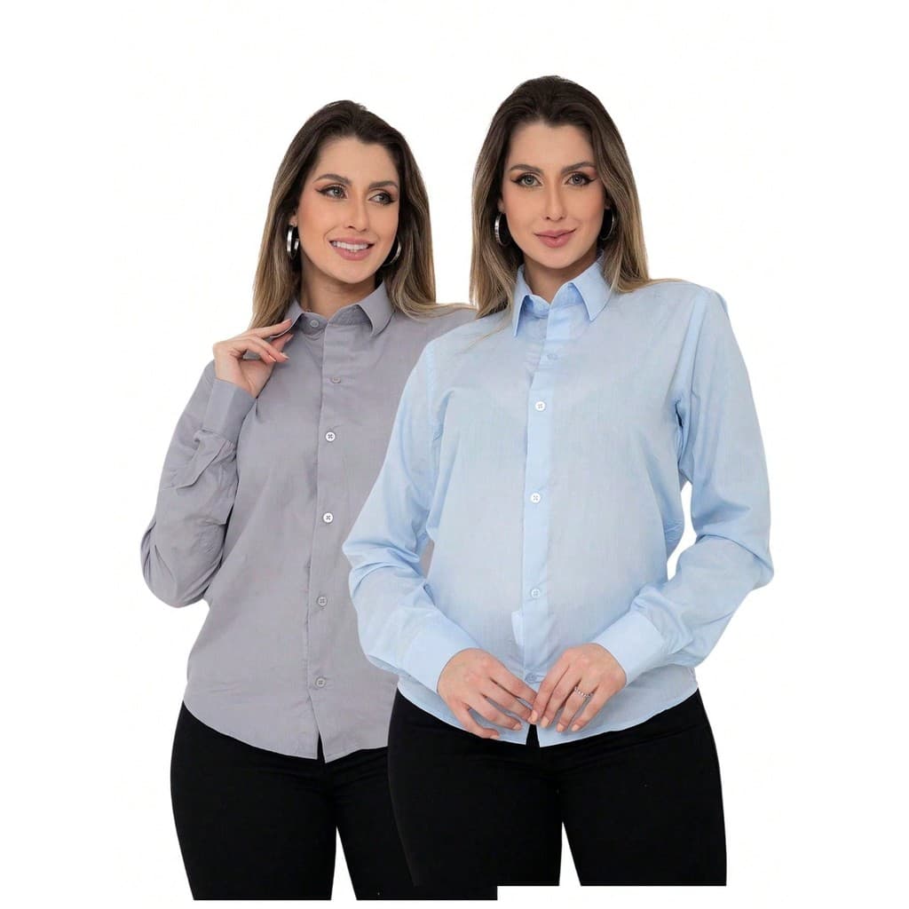 KIT Feminino 2 Peças - Camisa Social Manga Longa Slim Lisa Cinza e Camisa Social Manga Longa Slim Lisa Azul Bebê
