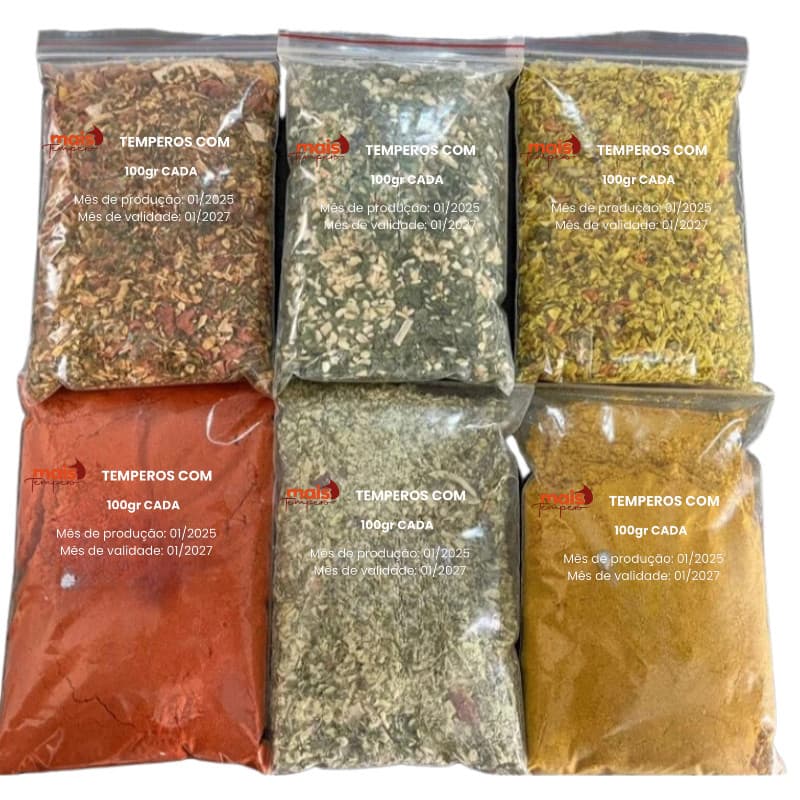 KIT 6 TEMPEROS DE 100g CADA TOTALIZANDO 600G DE TEMPEROS E CONDIMENTOS