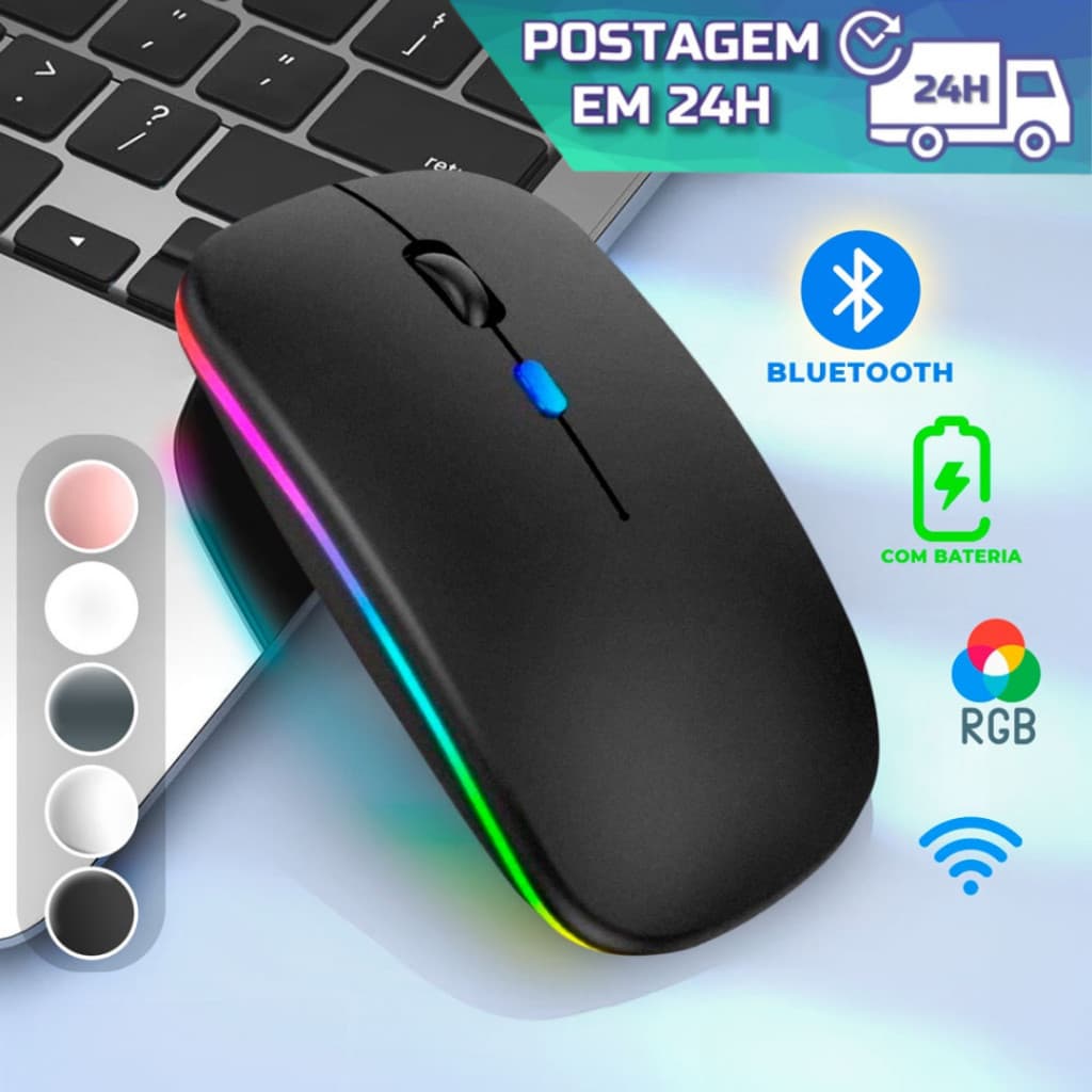 Mouse Sem Fio Bluthooth Recarregável Led RGB Clique Silencioso 2.4 Ghz Ergonômico Gamer Home Office