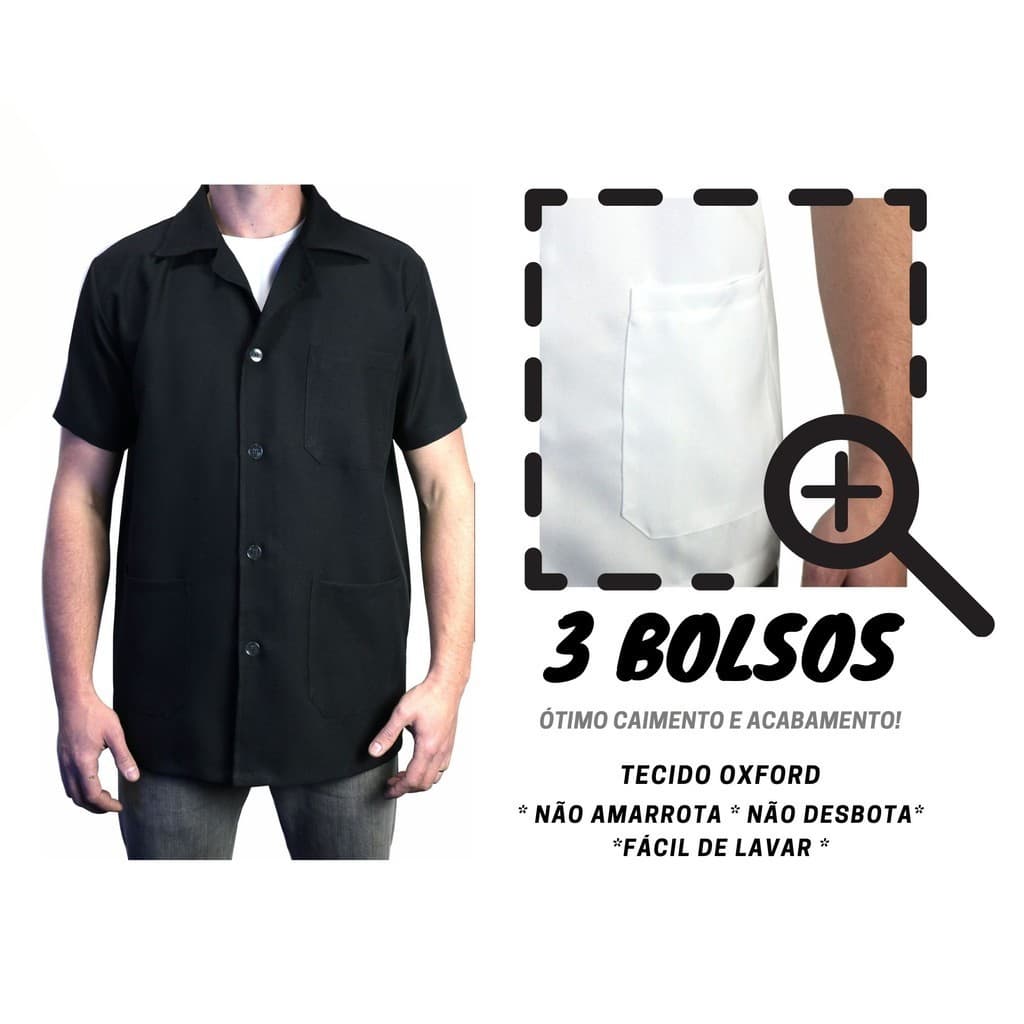 JALECO MC Masculino Manga Curta Oxford Premium blusa casaco bata guarda-pó   preto branco preto