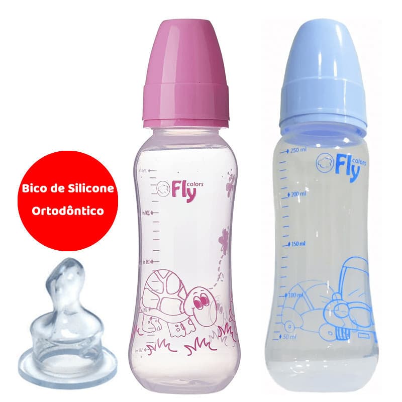 Mamadeira Bico de Silicone Ortodôntico 250 Ml  Fly Colors