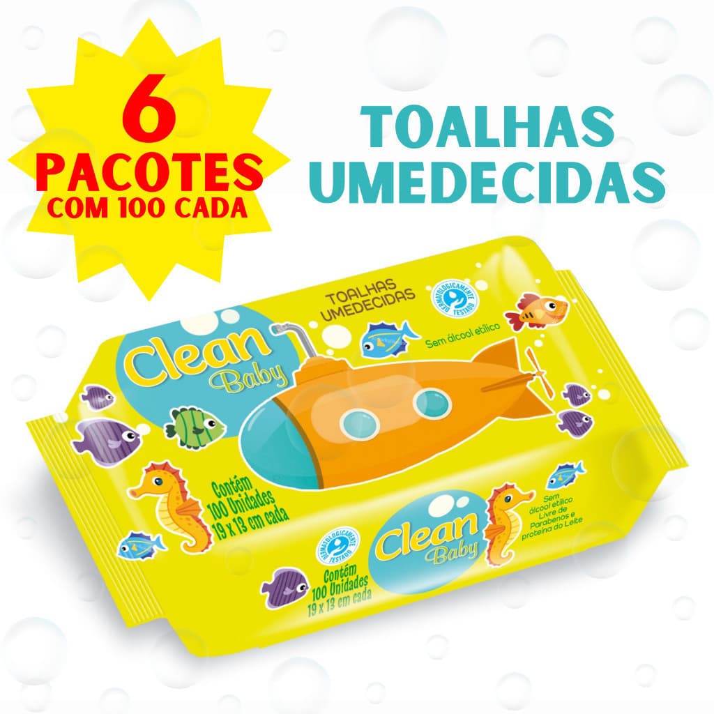 Kit 6 Pacotes Toalhas umedecidas Clean Baby com 100 cada Bebê