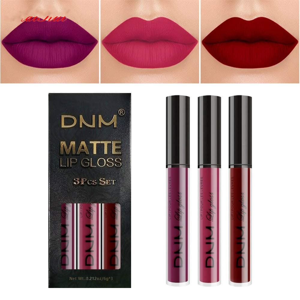 DNM 3pcs Kit De Batom Líquido/Brilho Em Matte/À Prova D'água De Longa Duração/Hidratação