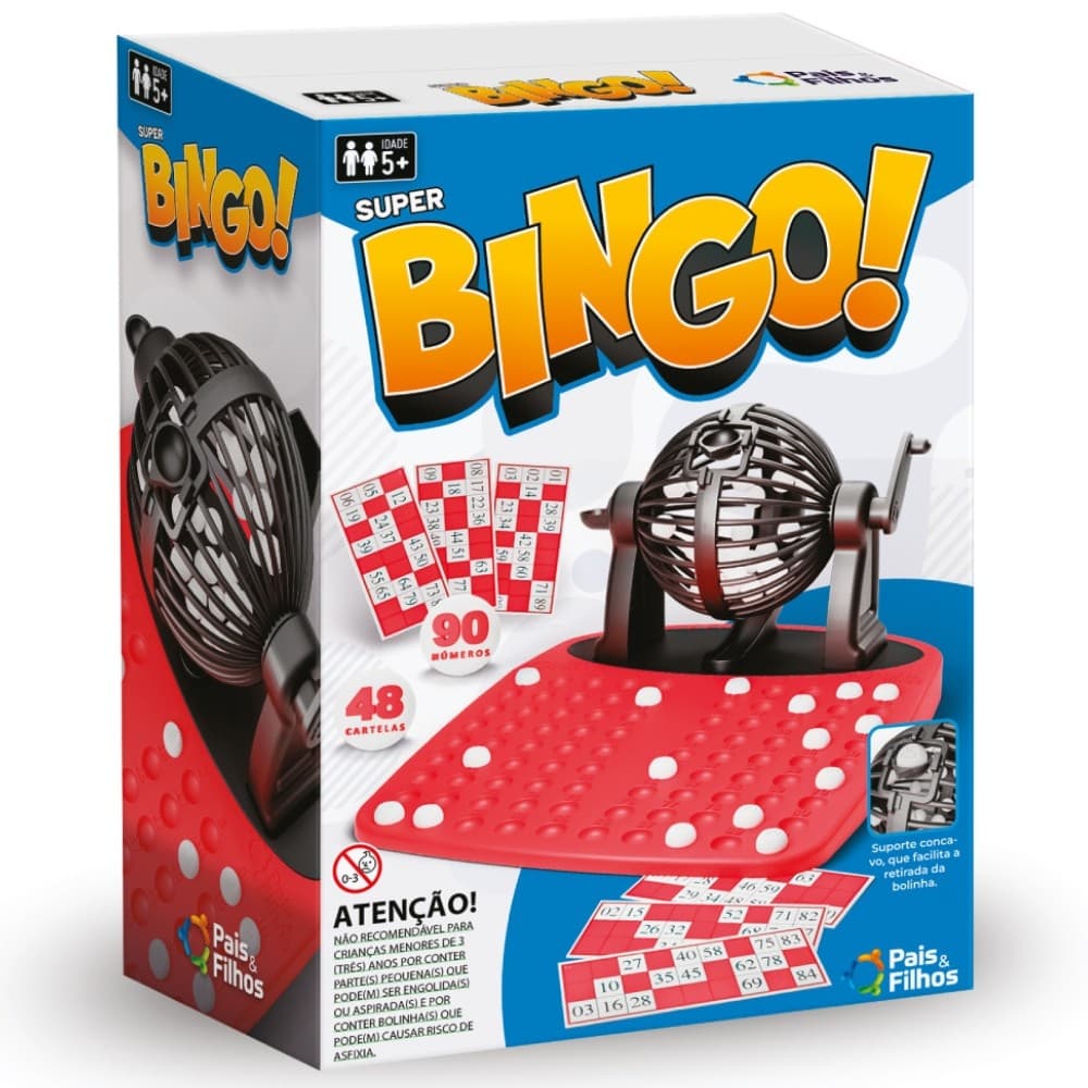 JOGO SUPER BINGO 90 NÚMEROS 48 CARTELAS PAIS E FILHOS FAMÍLIA CRIANÇA GLOBO BOLINHAS SORTEIO MESA &