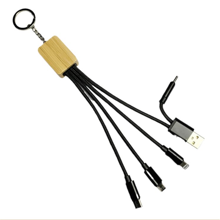 Cabo Bambu Chaveiro 3 in 1 USB+TYPE C  to M+L+C Sincronização Carregamento Rápido