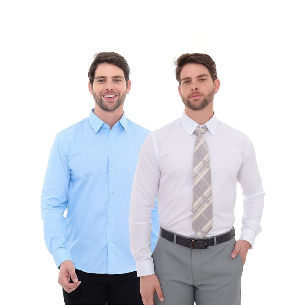 KIT Masculino 2 Peças - Camisa Social Premium Tipo Linho Azul Claro e  Camisa Social Slim Branca