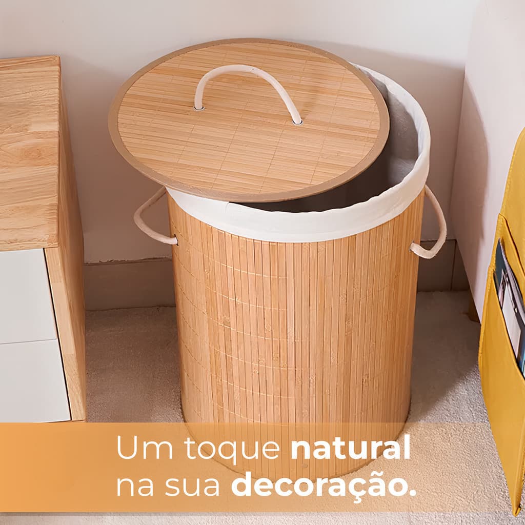 Entregar Rapido 24H Cesto de Roupa Suja 60 LITROS Lavanderia Bambu c/ Tampa redonda Forrado Quarto Banheiro Dobrável