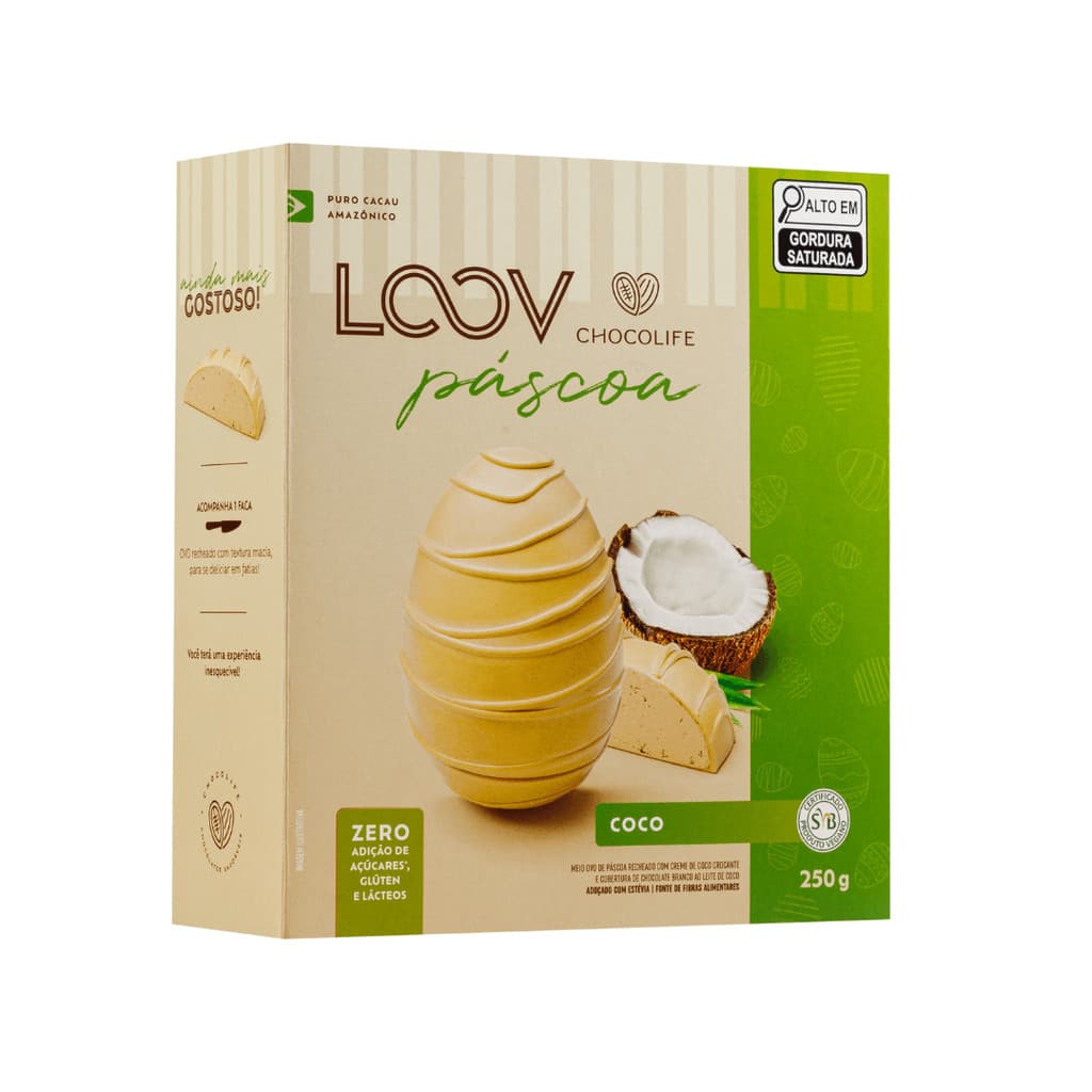 Meio Ovo de Páscoa Recheado Coco 250g Chocolife Saudável Vegano sem Lácteos Gordura Trans