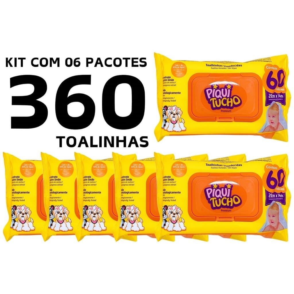 KIT COM 06 PACOTES DE LENÇO/TOALHAS UMEDECIDAS PARA BEBE PIQUITUCHO PREMIUM C/60 UNIDADES CADA