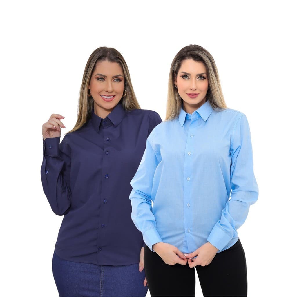 KIT Feminino 2 Peças - Camisa Social Premium Tipo Linho Azul Claro e  Camisa Social Slim Azul Marinho