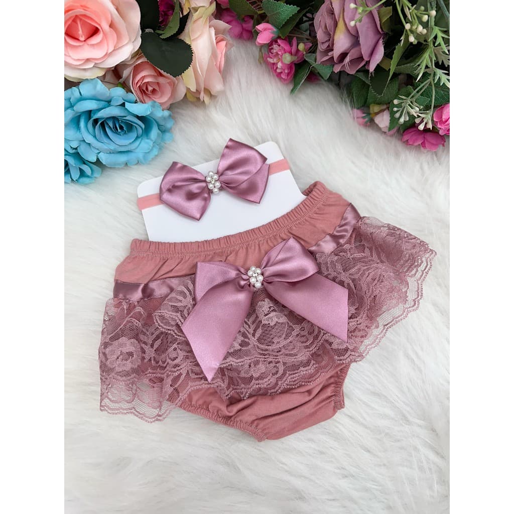 Kit Bunda Rica Rose Calcinha Conjunto Infantil Luxo Bebê Calcinha Renda Cobre Fralda Shorts Babados Cuequinha