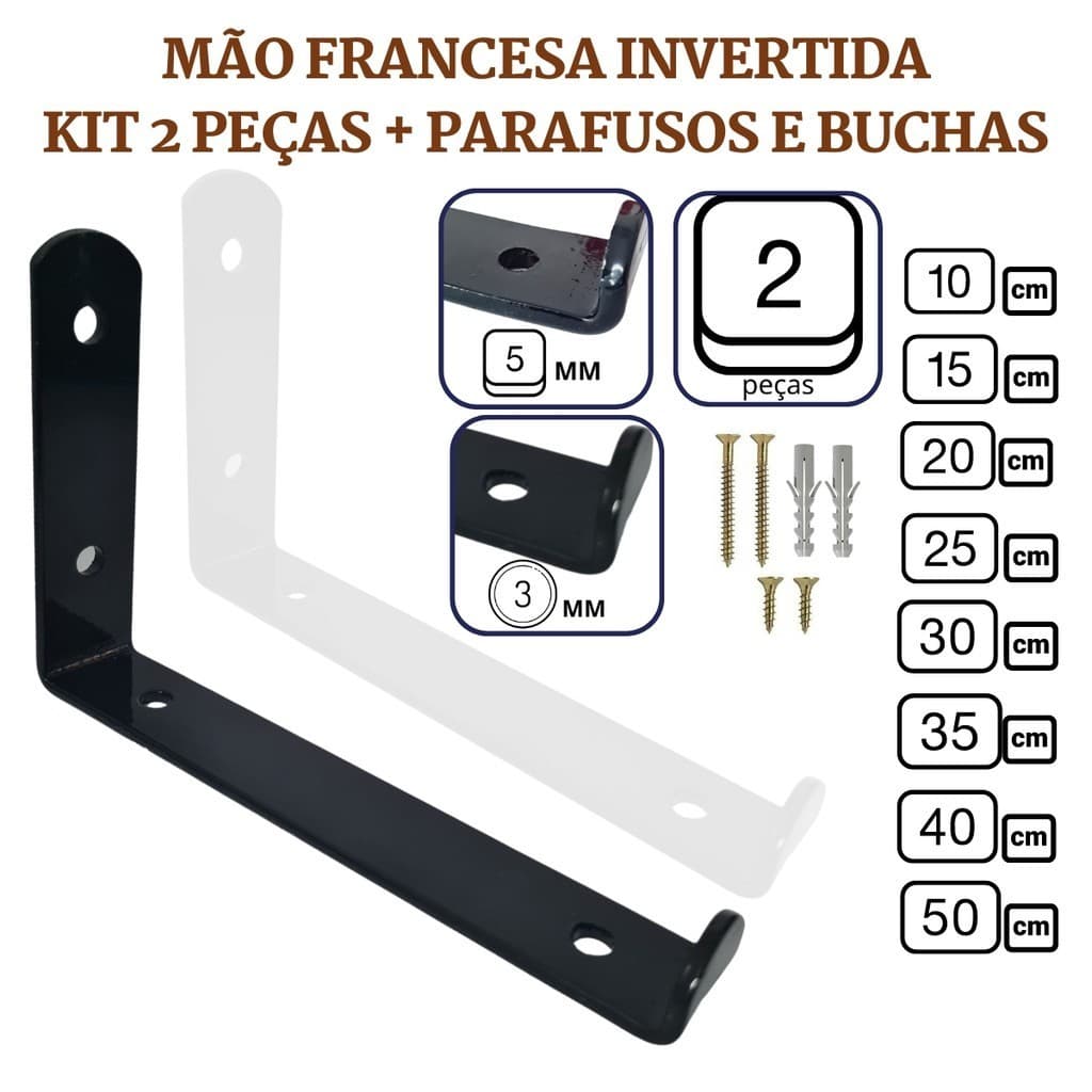 Mão Francesa Invertida 2 Peças Suporte Prateleira Industrial Cantoneira Gancho Parede Branca Preta