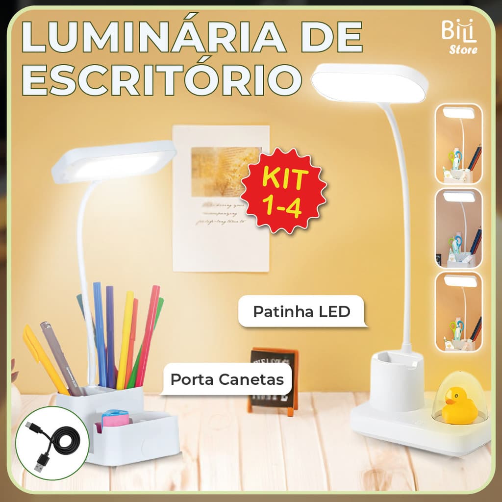 Luminária de Mesa Abajur Led Escritório Patinho Led Porta Canetas Recarregável USB Bivolt