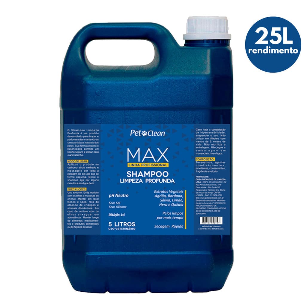 Shampoo Max Profissional  Limpeza Profunda Pet Clean 5L para Cães