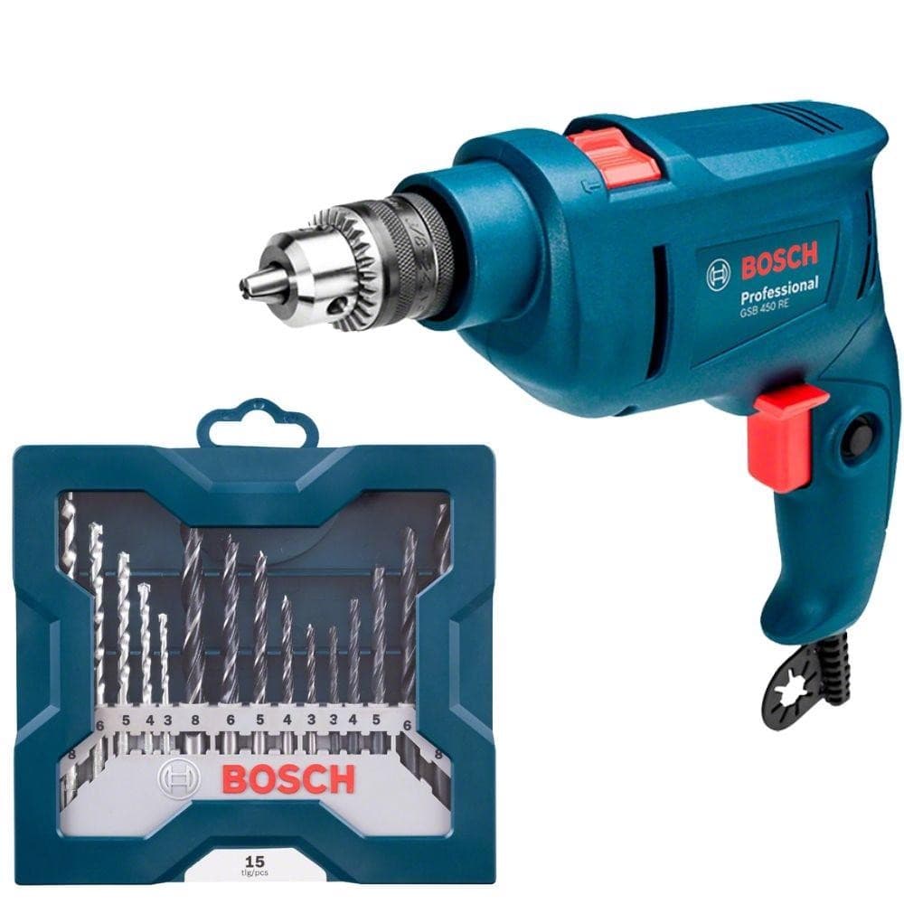 Furadeira Impacto 3/8 POL 450W GSB 450 RE com Estojo de Brocas 15 Peças BOSCH