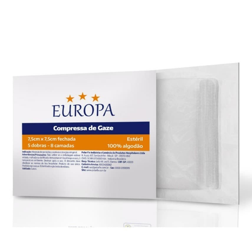 Kit C/20 Pacotes de Compressa de Gaze Estéril 7,5x7,5cm 13 Fios - Europa